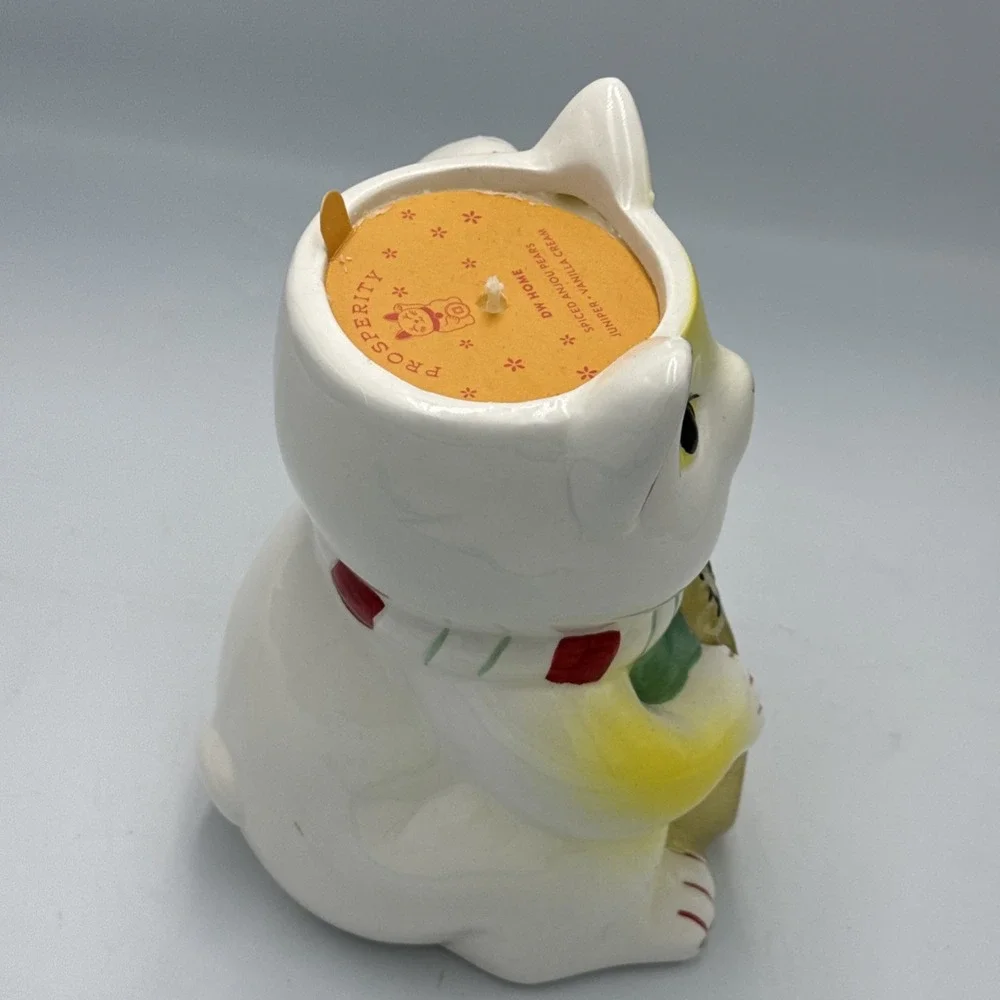 Lucky Cat Ceramic White Red Gold Prosperity Home Decor Candle Used Small Chip